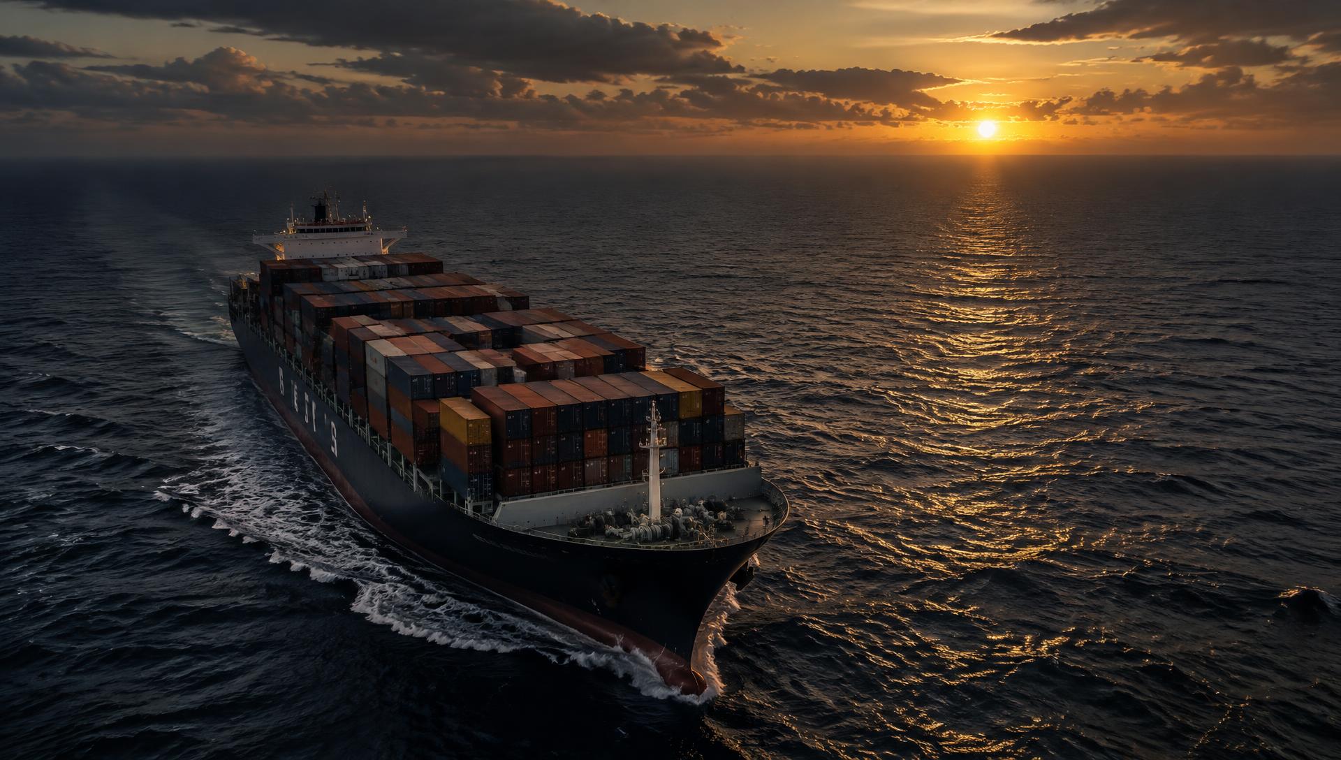 Container ship crossing the Atlantic at dusk